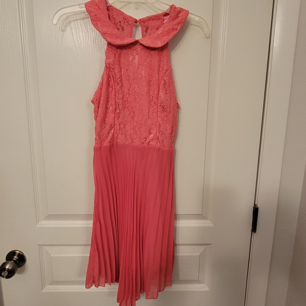 High Neck Lace Pleated Midi Dress